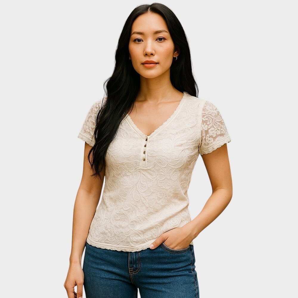 Amelie Boutik Top Womens Medium White Floral Lace Crochet Blouse Office Preppy